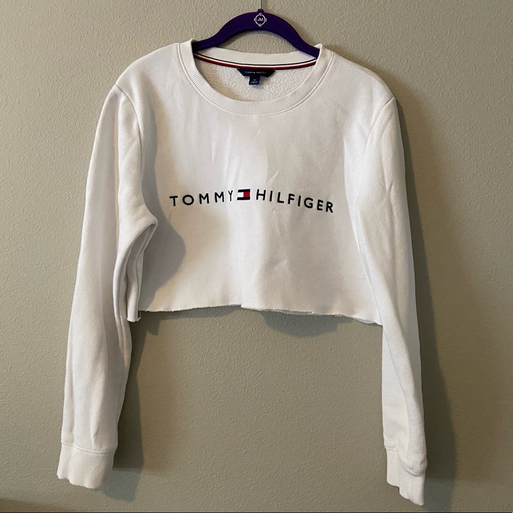 Tommy Hilfiger White Cropped Pullover Sweater Crewneck Top